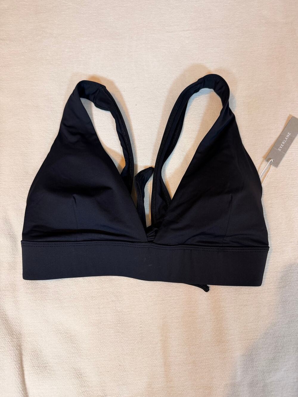 Everlane ReNew Black Bikini Swim Top Size L NWT Tie Back Deep V